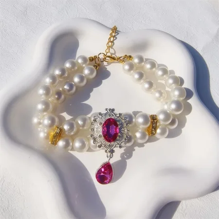 1pc Luxury Double Layer Pearl Pet Necklace with Diamond Pendant Wedding Costume Dog Cat Crystal Jewelry Accessories Pet Supplies