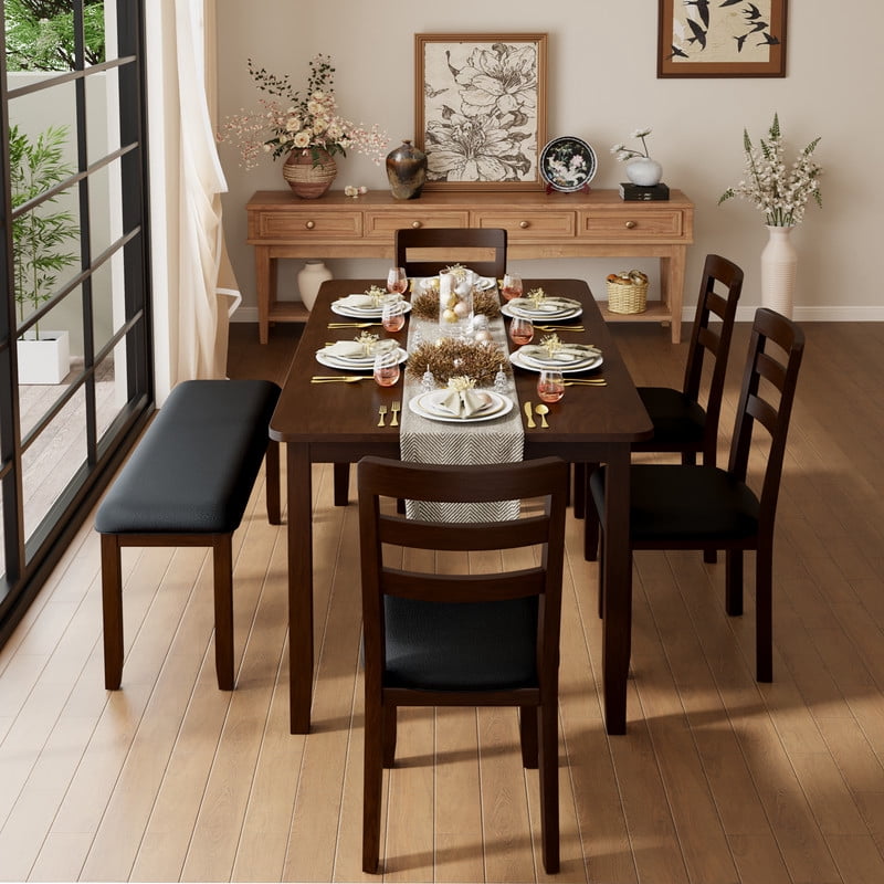 Lacoo Modern Simple Solid Wood Dining Table Set 6-Piece, 1 Table 4 Chairs 1 Bench, Kitchen Dining Room Furniture Set, Multiple Colors Available