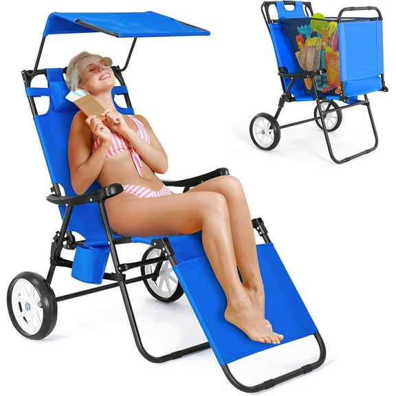Slsy Beach Chair with Canopy Shade, Folding Beach Cart Chair w/Wheels, Outdoor Recliner Patio Lounge Chairs for Camp, Tailgates, Fishing - Support 400 LBS