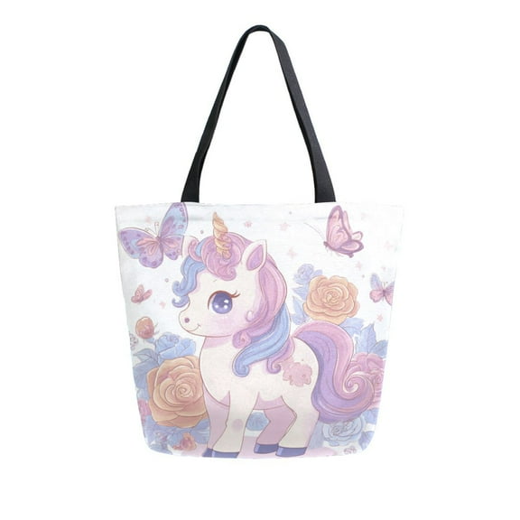 Open Top Canvas Tote Bag with Zipper Reusable Shopping Bag 13.5x15" Roomy Carryall Pastel Colors Unicorn