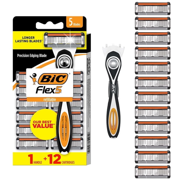 BIC Flex 5 Men's Refillable 5-Blade Razors with 1 Handle and 12 Cartridges, Smooth Shave Gift for Men