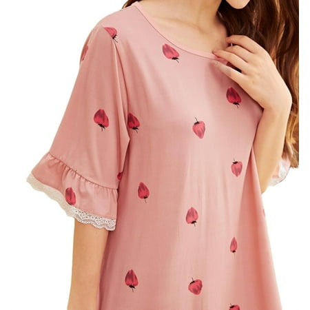 

Fruit&Vegetable Ruffle Hem Sleepshirts Women s Nightgowns Pajamas Coral Pink XL