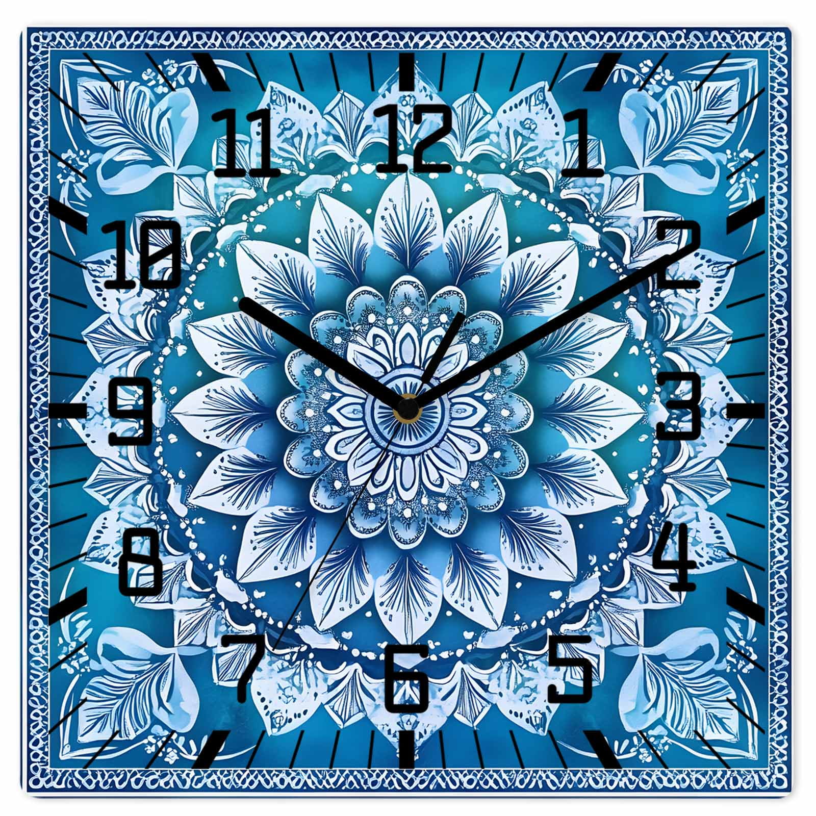 Blue Boho Floral Wooden Wall Clock Silent Non Ticking Ethnic Tribal Abstract Flowers Motifs Square Wall Clocks Battery Operated Decor Clock for Home Office Living Room Kitchen 10 Inch