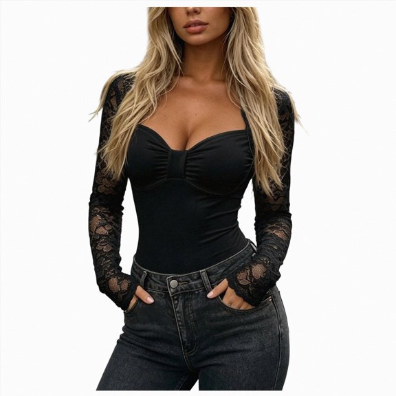 UAYOTSE Women Lace Long Sleeve Sweetheart Neck Bodysuit, Fitted Solid Jumpsuit Top for Daily Wear Size XL