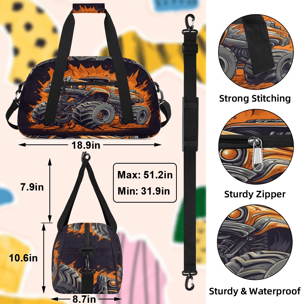 Herdesigns Monster Truck Sports Duffle Bag for Women & Men, Cartoon Car Gym Bag Dance Bag Overnight Bag Carry On Weekender Travel Bag