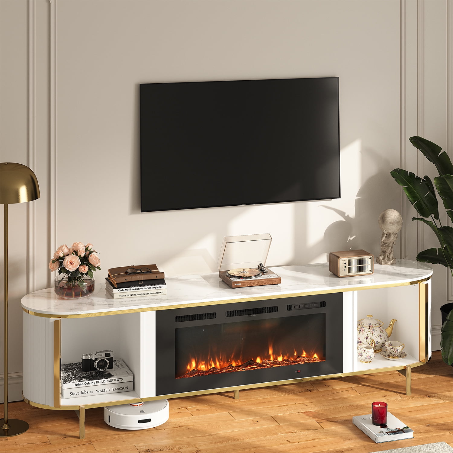BaPiPro 70" Fireplace TV Stand with 36" Electric Fireplace for TVs up to 80", Modern Luxurious Media Console Entertainment Center with Curved Design, White