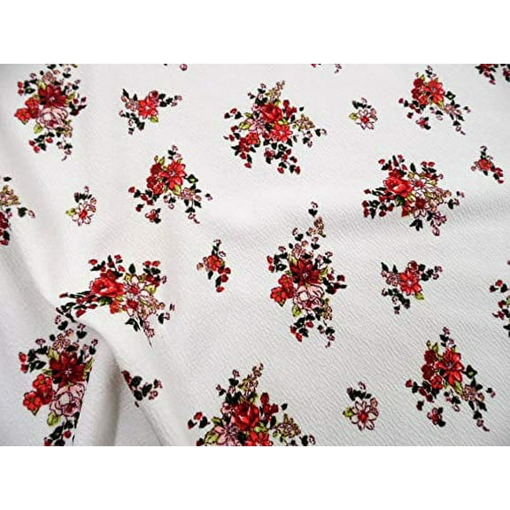 Printed Liverpool Textured 4 Way Fabric Stretch Red Pink Green Floral Bouquet I300