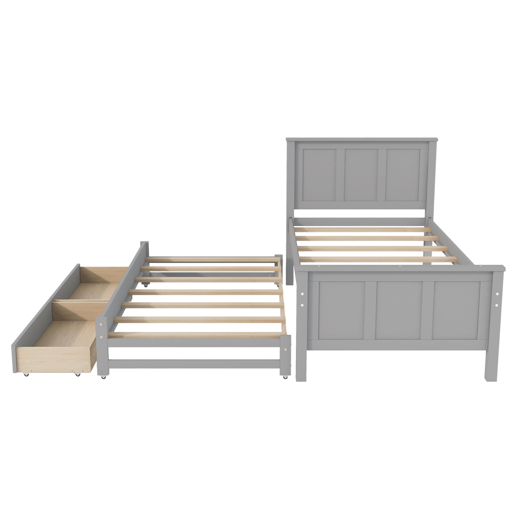 Noble House Udolf Twin Size Platform Bed with Trundle and Storage Drawers, Pine Wood Bed Frame, Gray