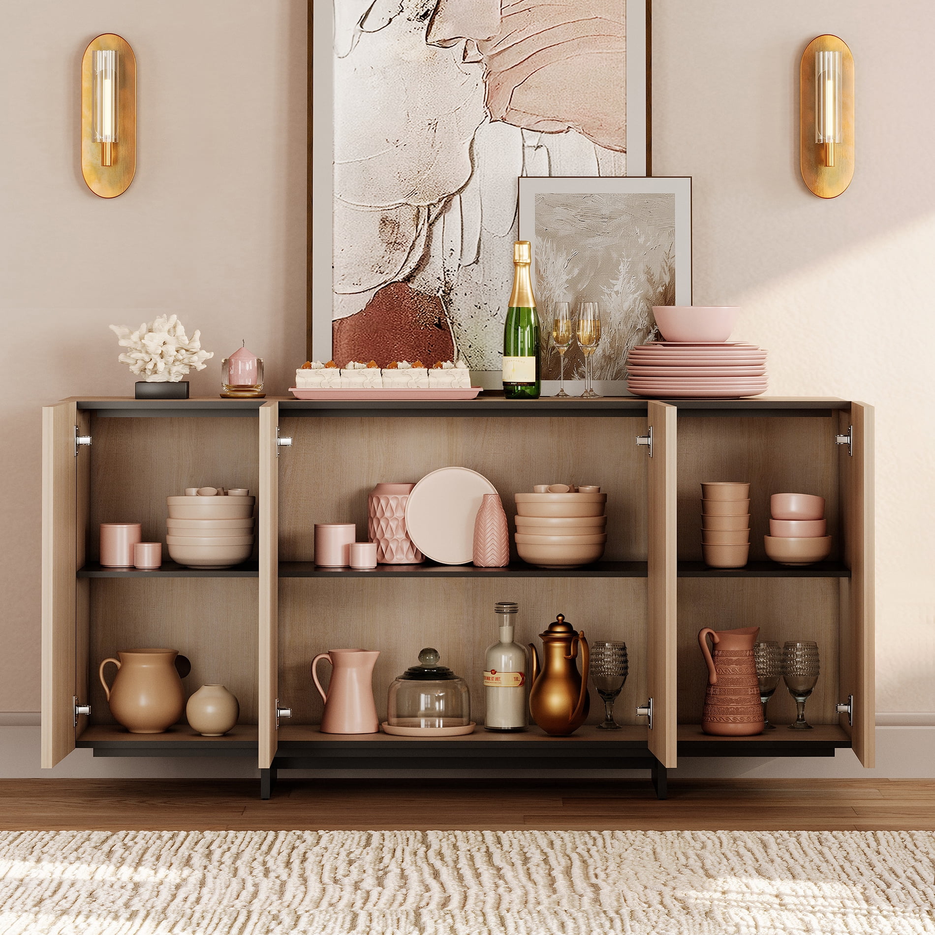 WAMPAT Modern TV Stand - Entertainment Center Console for 70" TVs, with 4 Closed Storage Doors & T-Shaped Wood Legs, Media Cabinet for Living Room & Bedroom,Beige
