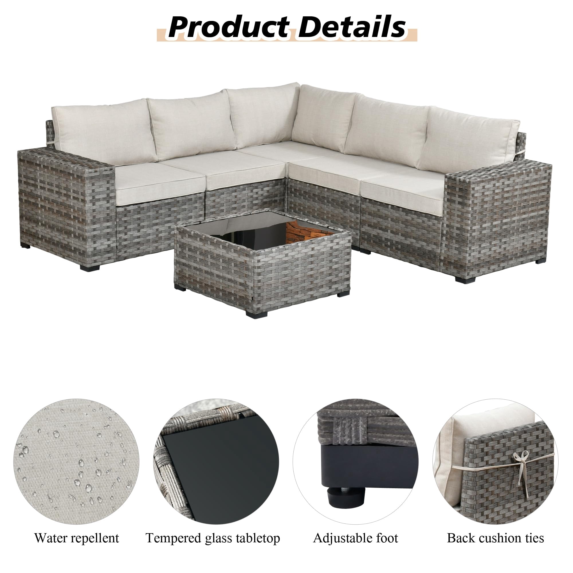Vcatnet 6 Pieces Patio Furniture Outdoor Sectional Sofa Wicker Conversation Set with Coffee Table for Garden,Poolside,Beige