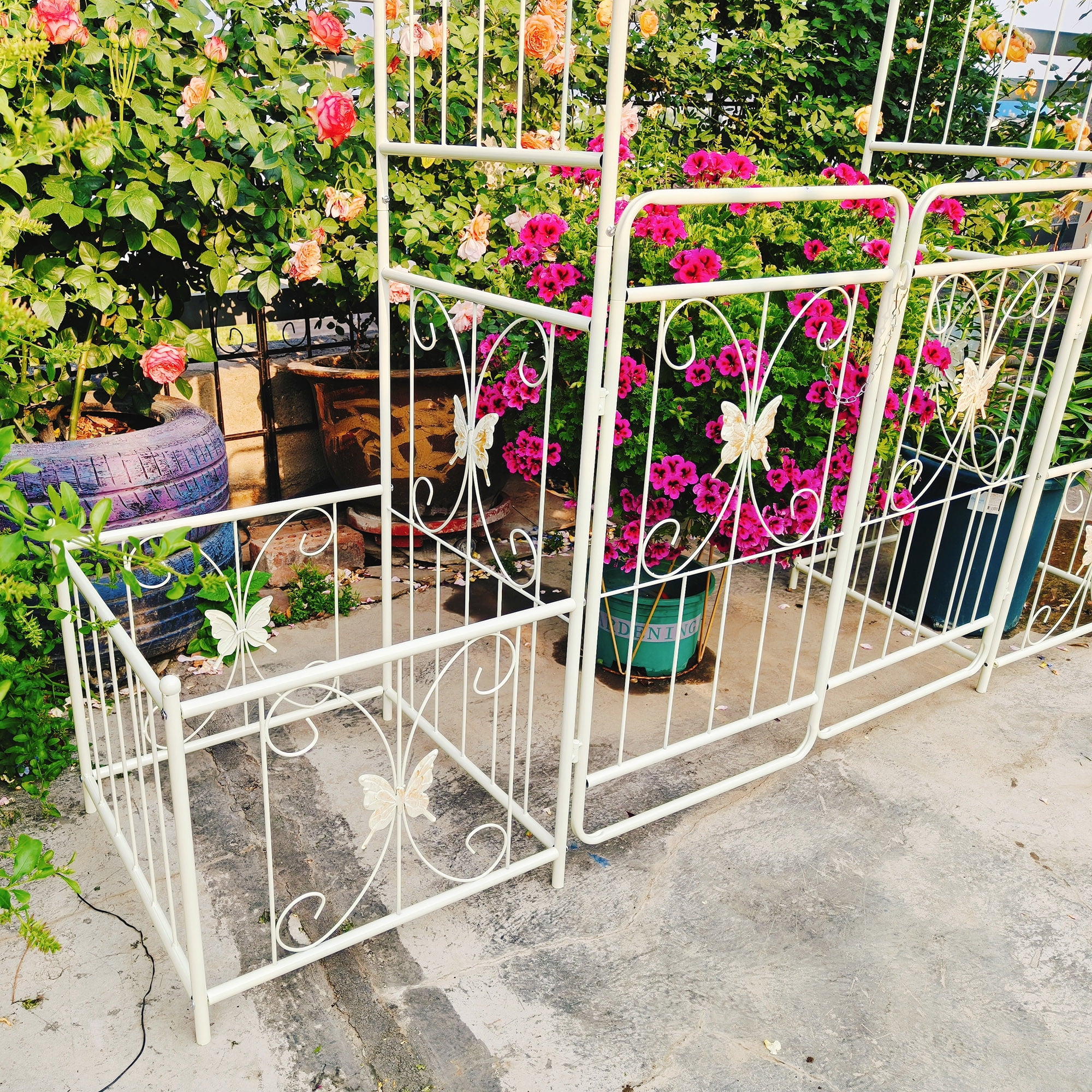 Garden Arch with Gate 79.5" Wide x 86.6" High Climbing Plants Support Rose Arch Outdoor Cream White