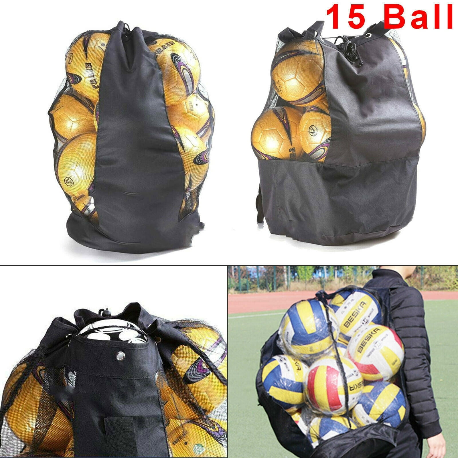 Black Heavy Duty Football Netball Rugby Mesh Net Bag 15 Ball Carry Sack Holdall 