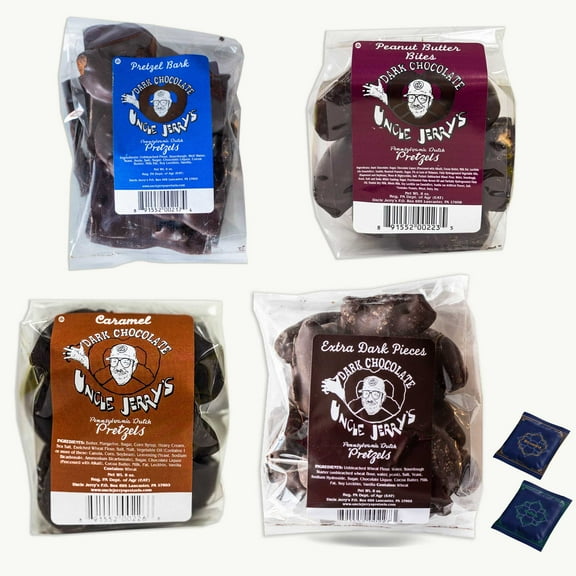 Uncle Jerry's Dark Chocolate Sourdough Pretzel Bites Variety Pack - Pretzel Bark, Peanut Butter, Extra Dark Pieces, Caramel - Organic Green, Roasted Yerba Mate Teabags (2) - 6 Items