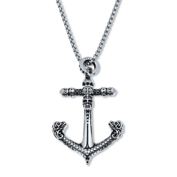 Round Black Crystal Sterling Silver Skull Anchor Pendant Necklace 24-inch