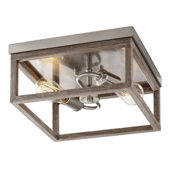 Hampton Bay Boswell Quarter 12 in. 2-Light Brushed Nickel with Weathered Wood Accents Coastal Flush Mount for Bedrooms with Bulbs