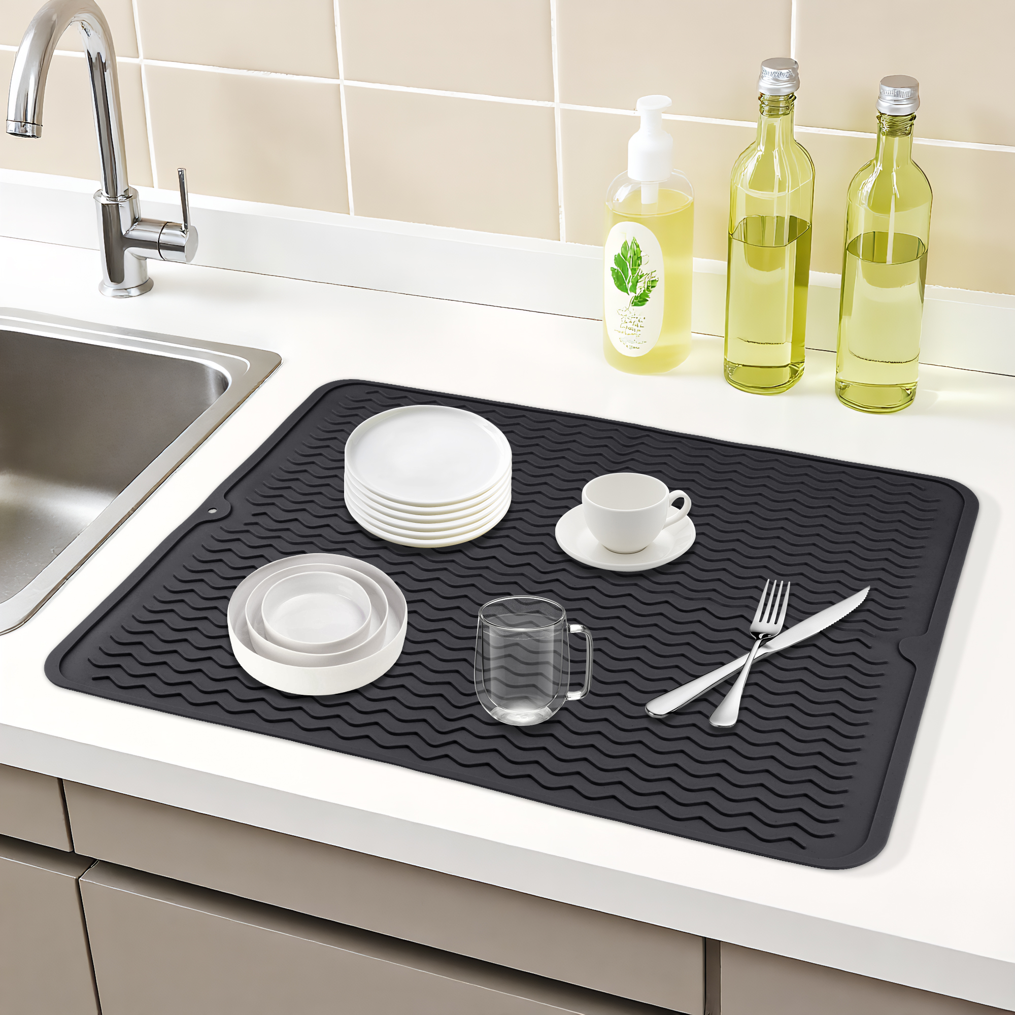Unique Bargains Silicone Easy Clean Waterproof Dish Drying Mat Black 19.7*15.7 inch