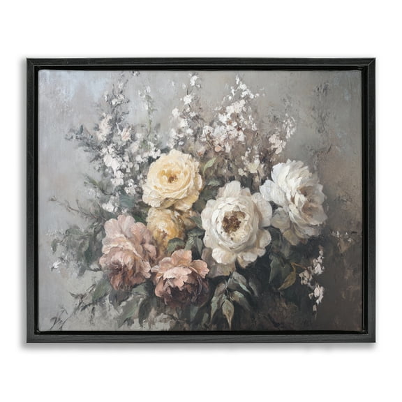 Stupell Industries Roses & Peonies on Gray Plants & Flowers Painting Black Floater Framed Canvas Art Print Wall Art, 21 x 17
