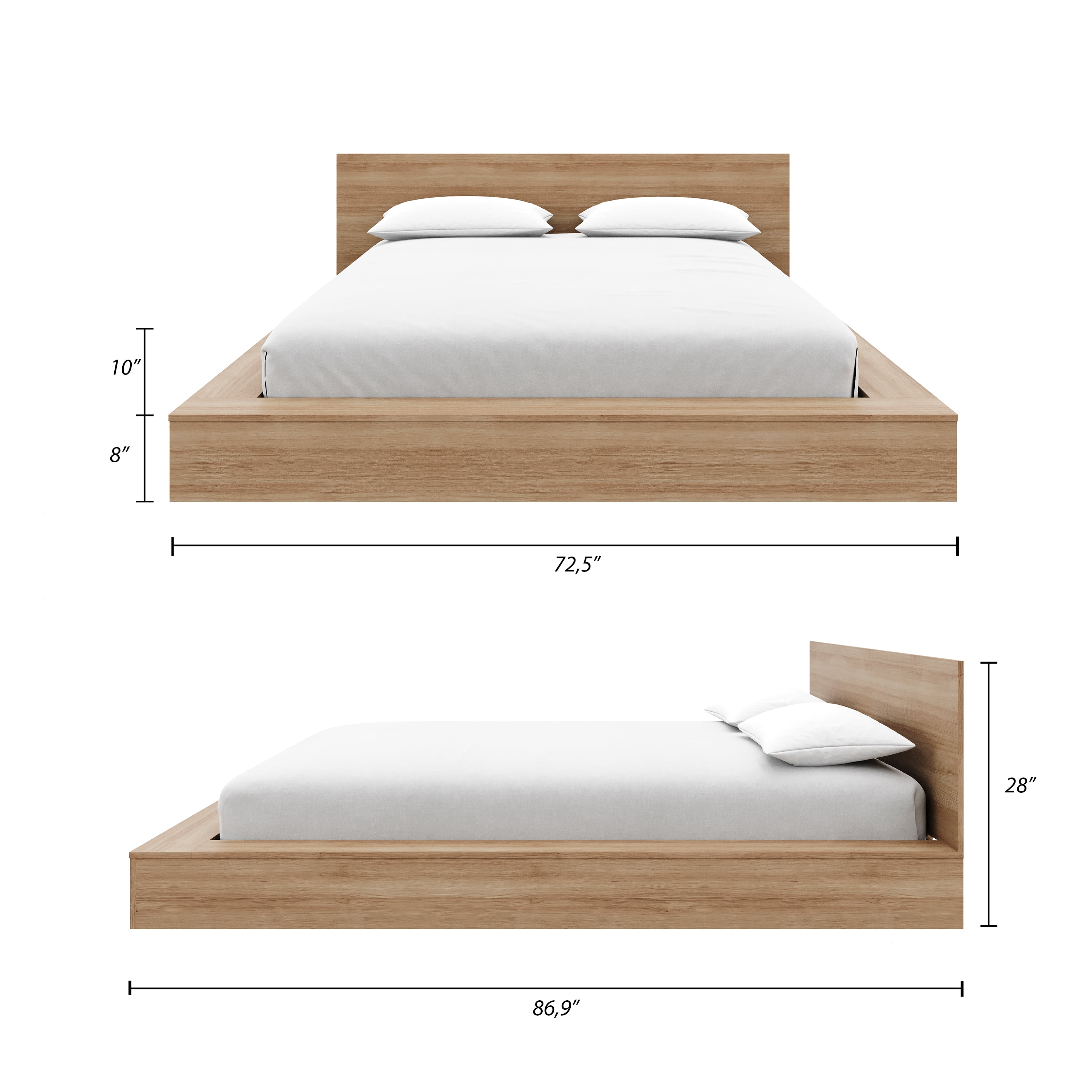 Nexera Kanso Queen Low Profile Wood Platform Bed with Headboard, Brown Oak