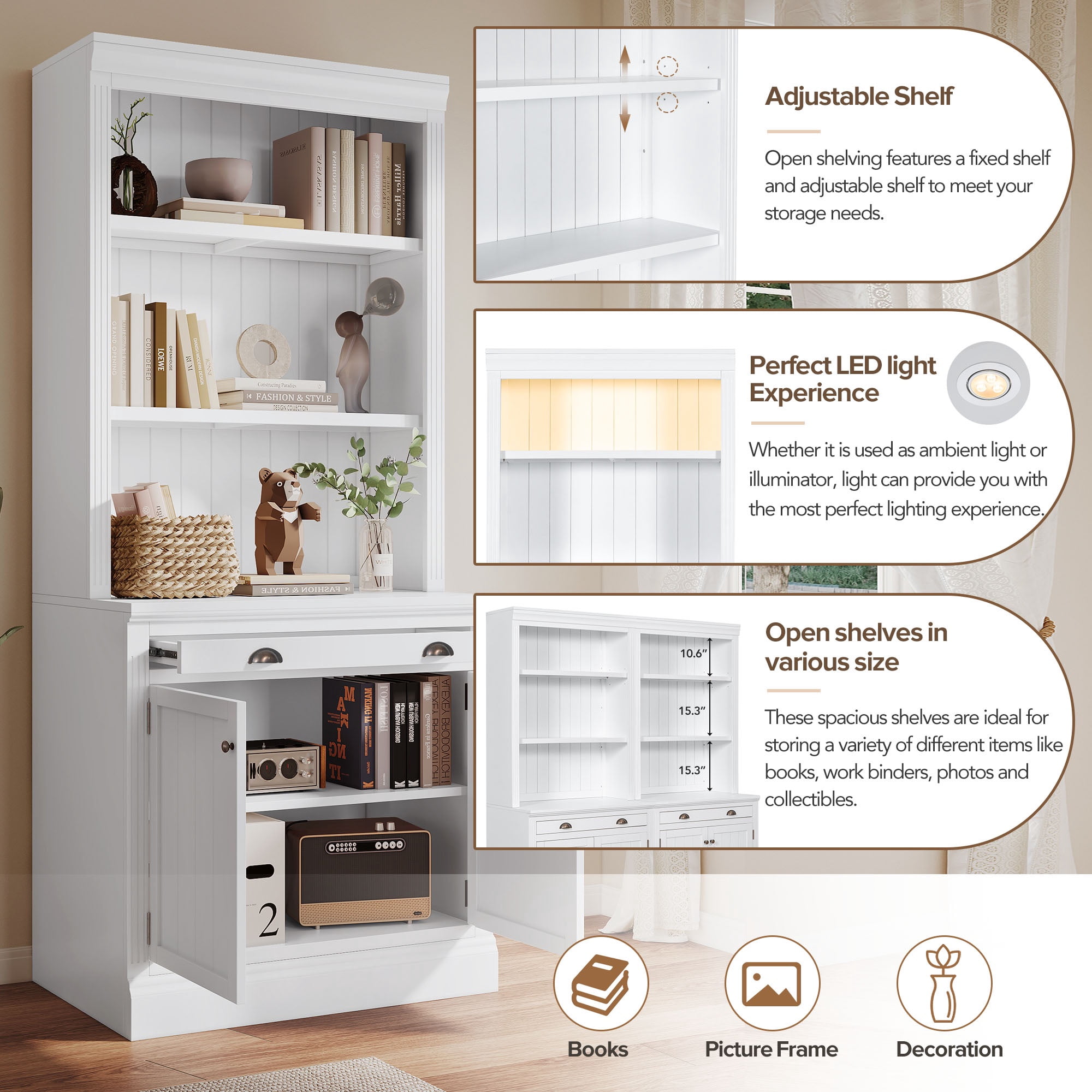 PORKISS Bookcase with Doors, Wooden Tall Bookshelf with LED Light and Storage, Modern Display Shelf with Drawer and Open Shelves for Living Room, Home Office, White