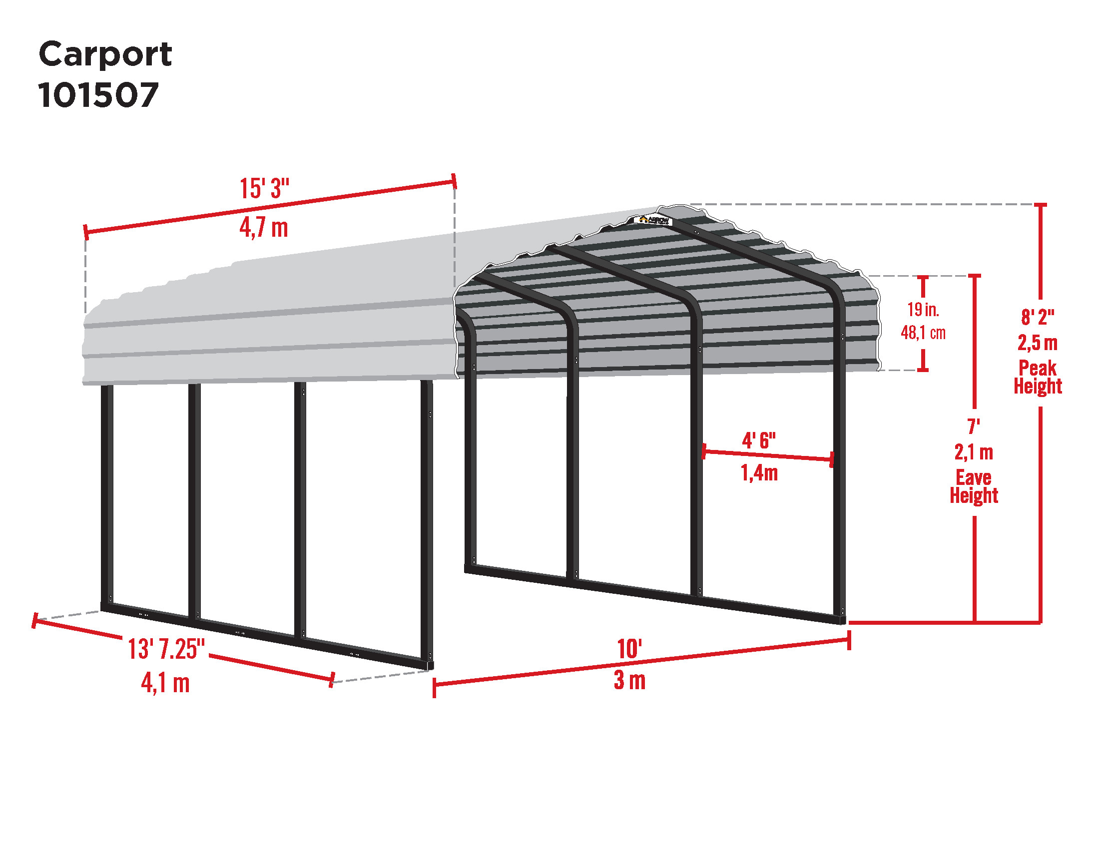 Arrow Galvanized Steel Carport, 10 x 15 x 7 ft, Black/Eggshell - image 4 of 17
