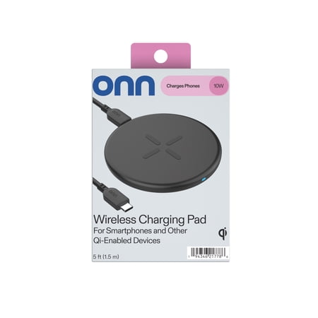 ONN 10W WIRELESS CHARGING PAD WITH 5FT USB-C CABLE AND WALL ADAPTER, QI CERTIFIED, BLACK – COMPATIBLE WITH IPHONE 17/16/15/14/13/12 SERIES, SAMSUNG GALAXY, NOTE, PIXEL DEVICES