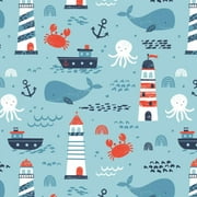 Camelot Fabrics Nautical Collection Beyond The Sea Whale Lighthouses Anchors Blue 100% Cotton Fabric sold by the yard