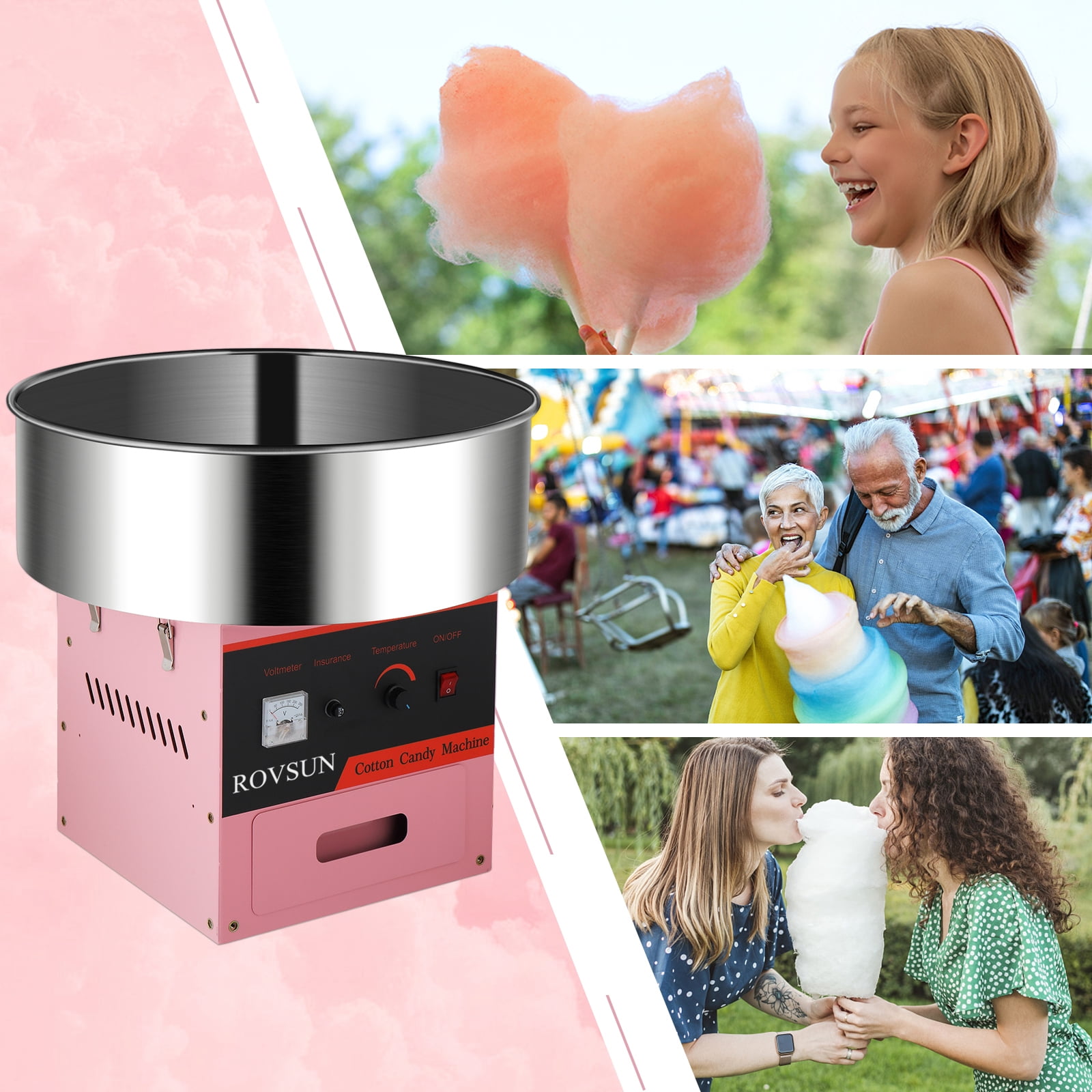 ROVSUN Cotton Candy Machine Maker 21 Inch Stainless Steel Bowl, Electric Candy Floss Maker Machine w/Sugar Scoop and Large Storage Drawer for Commercial Home Party Carnival, Pink