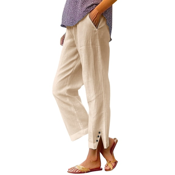 Women's Pants Fashion Casual Pants For Women Solid Straight Solid Elastic Long Drawstring Linen Waist Cotton Casual Button Slit Trouser Legs