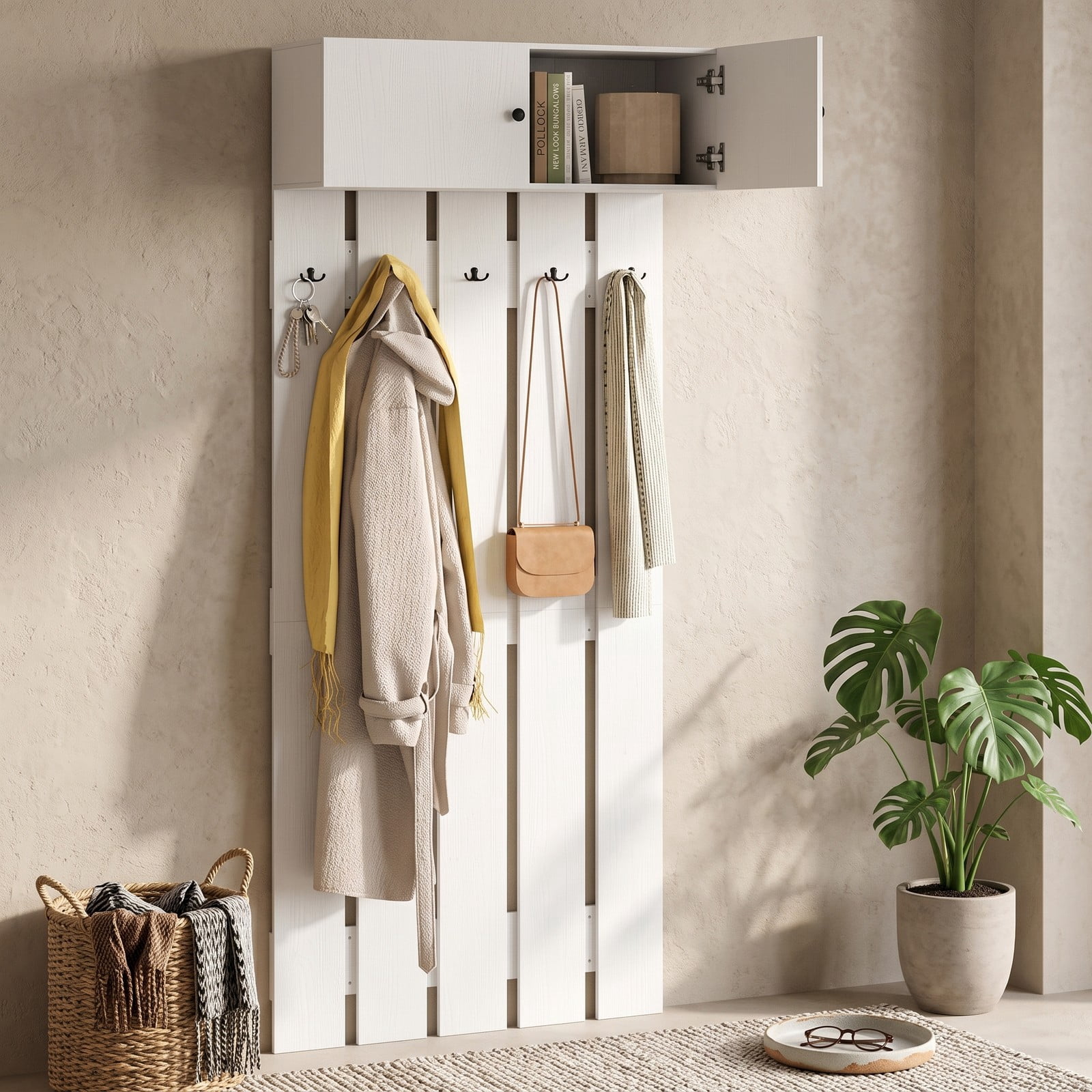 Furnibear Wall Mounted Coat Rack with Upper Storage Cabinet and 5 Metal Hooks for Entryway Kitchen and Living Room, White