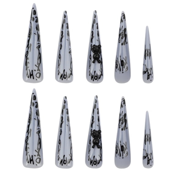 Light Gray with Black Graffiti Letter Press on Nails, Long Stiletto Glossy False Nails with Bear Charm, 24 Count