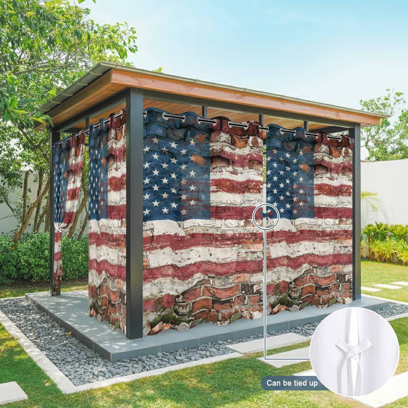 Independence Day Outdoor Curtains for Patio, Retro American Flag Star Brick Wall Stripes Sunshade Privacy Drapes Grommet Waterproof Outside Curtains for Porch/Cabana/Balcony 54"x 108", 1 Panel