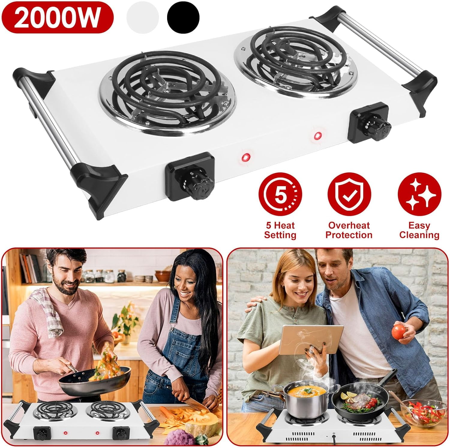 DICEEVIL Electric Double Burner, 2000W Portable Electric Stove Countertop Double Burner, Hot Plate with Handles & Adjustable Temperature, Cooktop for Cooking, Home, Camp, White