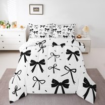 Manfei Girls Black Ribbon Bedding Comforter Set, Cartoon Bowknot Bow-tie Twin Comforter Sets, Princess Bow Style Reversible Bedding Set, Super Cozy Room Decor, 2-Piece