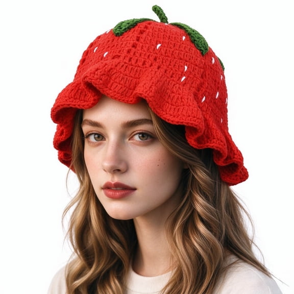 Farcauo Strawberry Crochet Bucket Hats for Women Knitted Hat Womens Red Beanie Cute Foldable Knitted Hats for Women
