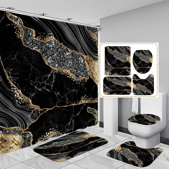 4PCS Marble Shower Curtain Sets, Modern Bathroom Sets With Toilet Lid Rug, Contour and Bath Mat, Luxury Bathroom Decor with 12 Hooks, 72 x 72 Inch, Green