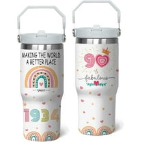 90th Birthday Tumbler with Handle & Straw, Birthday Gifts Stainless Steel Cups 30 Oz, 90 Year Old Birthday Gifts for Girls, 90th Birthday Decorations for Girls, Happy 90th Birthday Gifts for Women