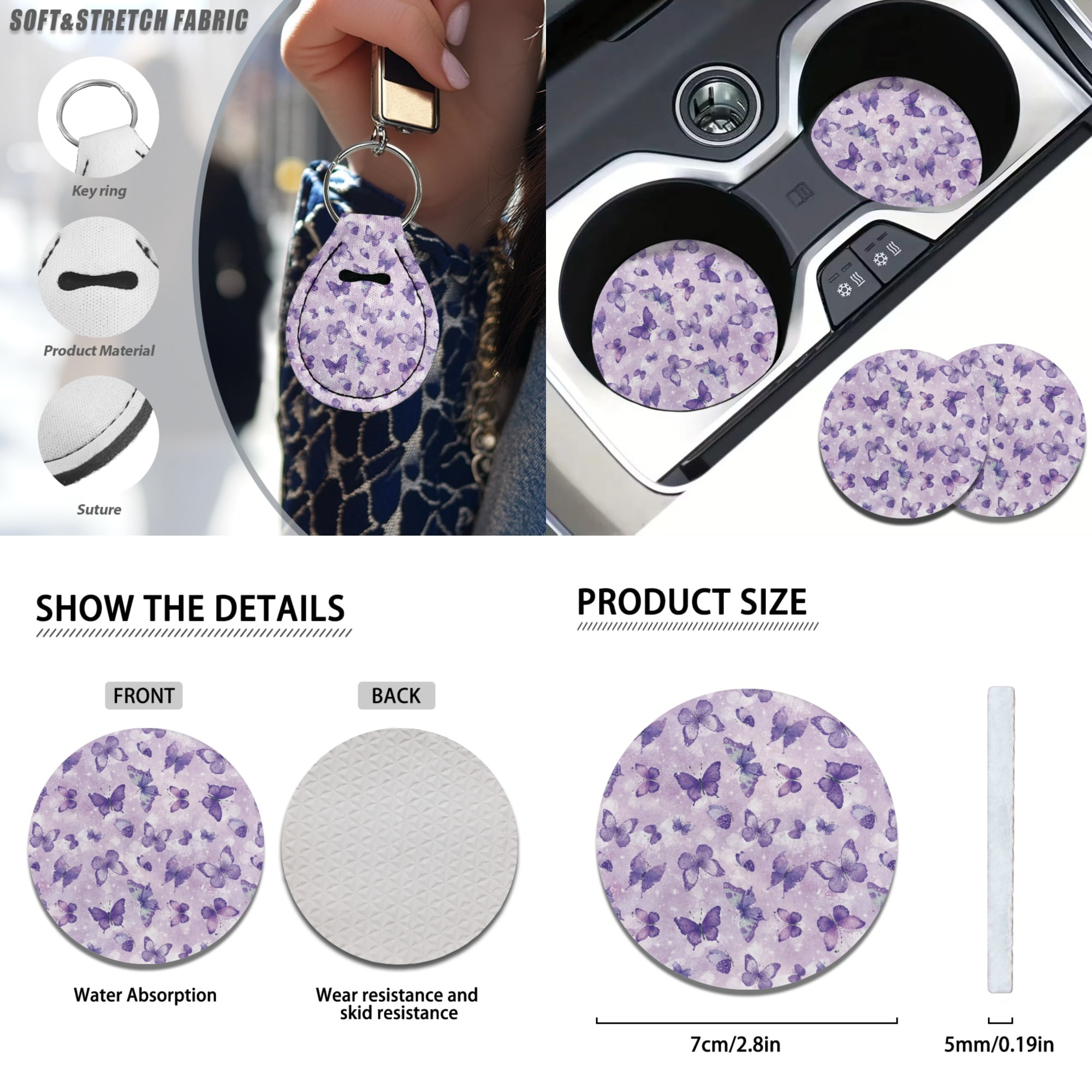 Jeiento Purple Butterfly Automotive Seat Covers Full Set for Women, 17 Pcs Car Interior Decorative Accessories Include Car Seat Covers Floor Mats Steering Wheel Cover Armrest Cover