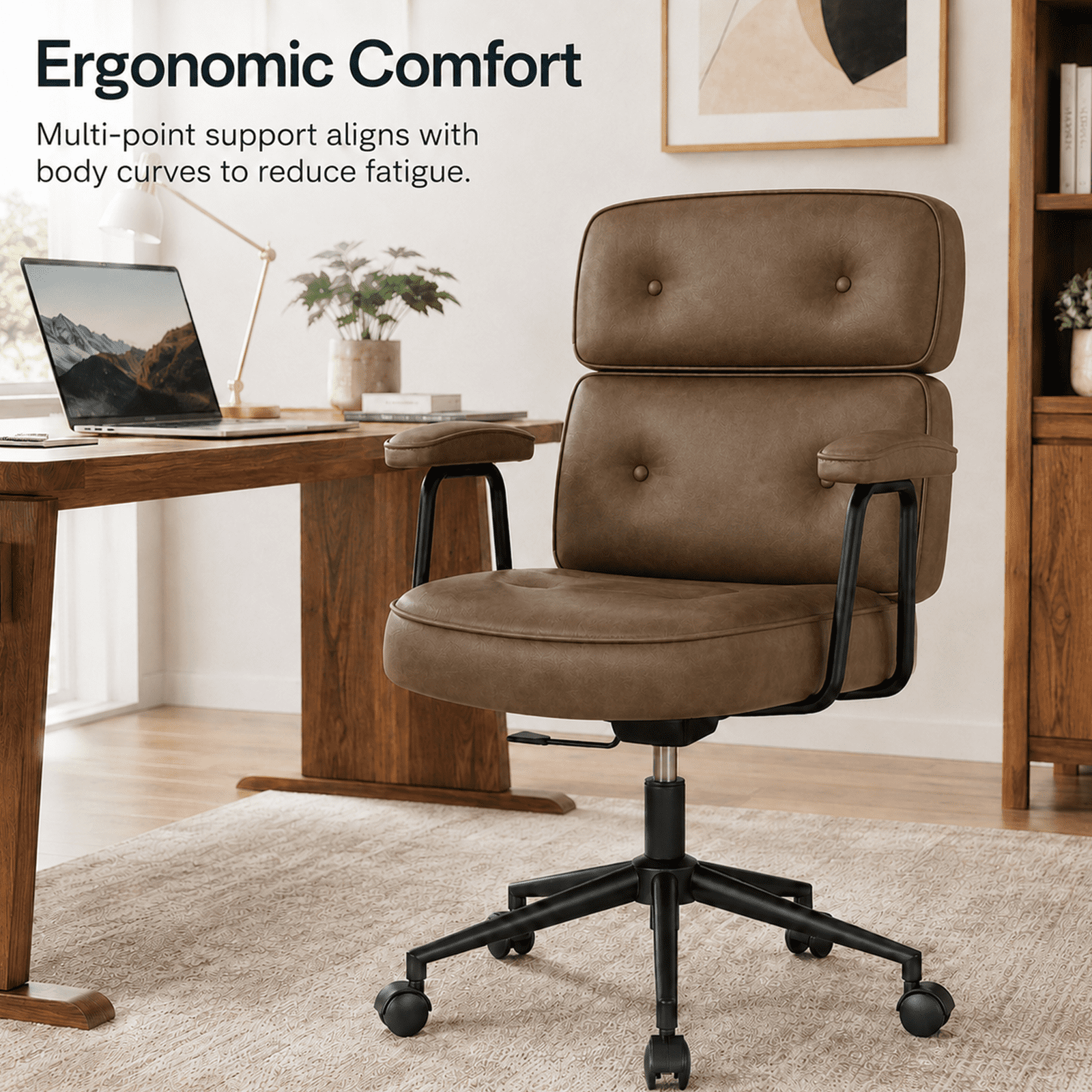 Alvantor Ergonomic Office Chair, PU Leather Computer Chair Lumbar Support, Adjustable Height, Rolling Swivel, Executive Task, Padded Armrests for Vanity, Study