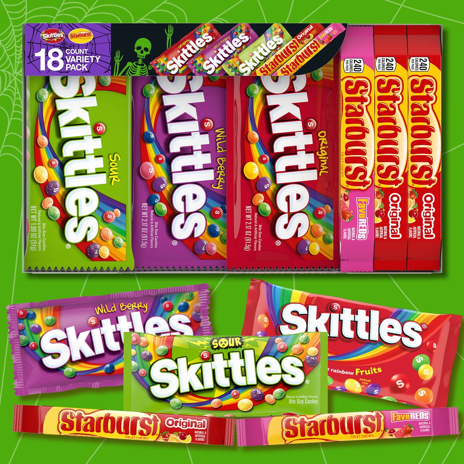 (2 pack) Skittles & Starburst Chewy Variety Pack Halloween Candy - 18 Count Box