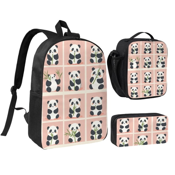 Cute Panda Backpack 17 Inch Set with Lunch Bag and CaseDurableTravel Bag Combo for Work Commuting Daily Use