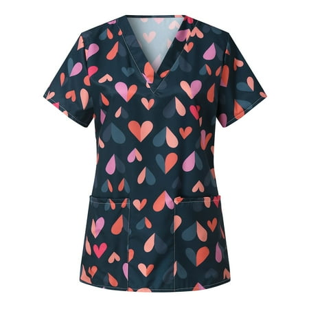 

S LUKKC LUKKC Valentine s Day Scrub Tops Gifts for Women Plus Size Medical Working Uniforms Loose Fit Short Sleeve V Neck Heart Printed Professional Blouse Nursing Workwear with Pockets