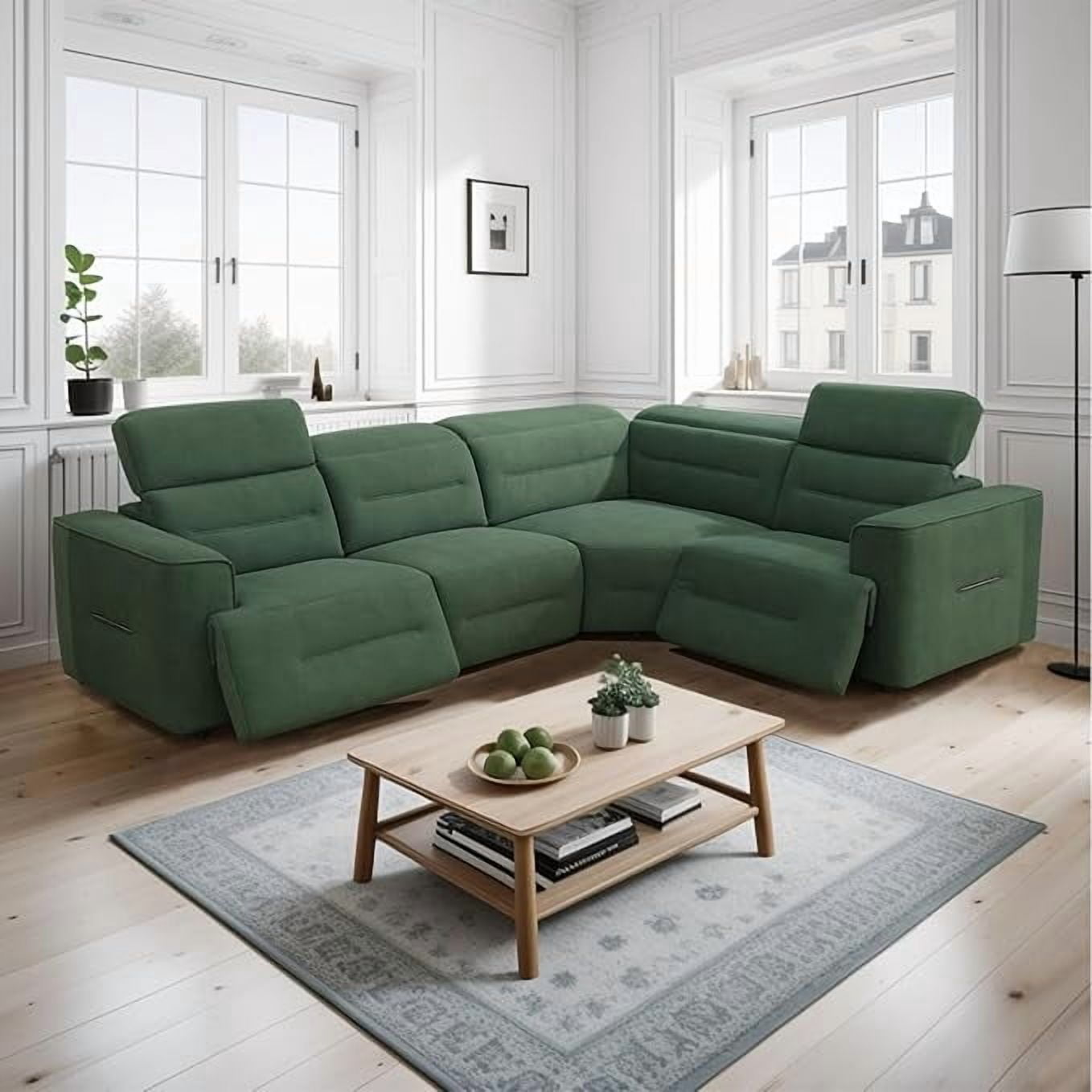 Power Recliner Sectional Sofa, L-Shaped Living Room Furniture Set, Green Flannel Reclining Sectional Couch with USB Ports (4 Seater)