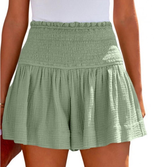 UDAUDU Womens Linen Shorts Smocked High Waisted Summer Shorts Trendy Ruffle Wide Leg Short Boho Beach Short Light Green L