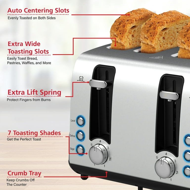 BELLA 4 Slice Toaster, Long Slot & Removable Crumb Tray, 7 Shading Options  with Auto Shut Off, Cancel & Reheat Button, Toast Bread & Bagel, Stainless