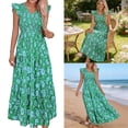 thumbnail image 2 of Aellinatey Women Ruffle Sleeve V Neck Smocked Flower Print A Line Maxi Dress For Vacation, 2 of 18