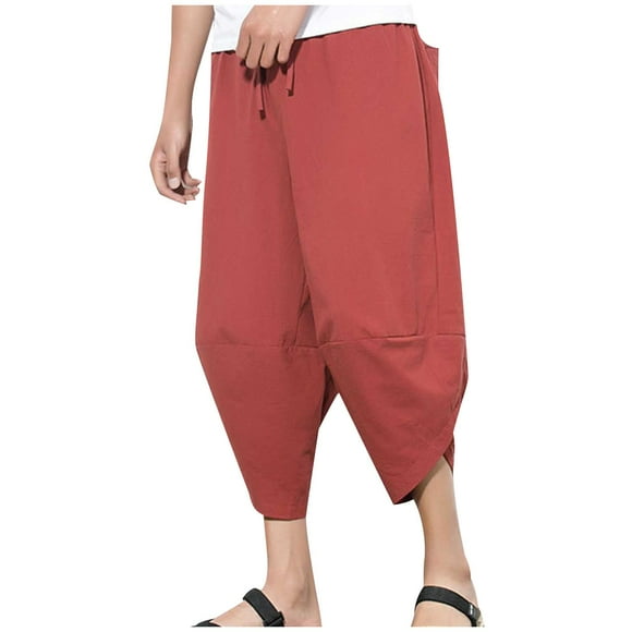 Tauxra Men's Linen Blend Casual Pants 7 8 Length Drawstring Waist Elastic Cuffed Hem Multi Pocket Loose Fit Trousers for Outdoor Hiking Travel Daily Wear