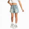 thumbnail image 3 of KPOPLK Girls Stretchy Denim Shorts Summer Casual Drawstring Elastic Waist Jean Shorts Jorts with Pockets,Blue,Size 9-10 Years, 3 of 6