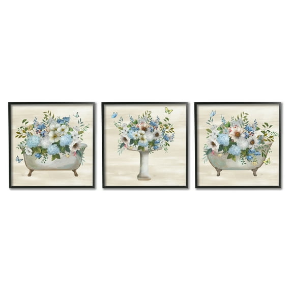 Stupell Industries Country Flower Bathroom Botanical & Floral Painting Black Framed Art Print Wall Art, 12 x 12, Set of 3