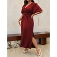 thumbnail image 6 of Plus Size Womens Burgundy Solid V-Neck Wrap Short Sleeve Midi Dress, 6 of 6