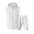 thumbnail image 4 of HBGVBA Men Summer Casual 2 Piece Solid Color Linen Pocket V-Neck Hooded Sleeveless Shirt Shorts Outfit Set, 4 of 5